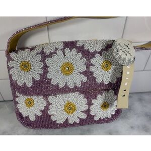 VIRAL PURPLE DAISIES HAND BEADED HANDBAG/SHOULDER BAG MADE IN INDIA NWT